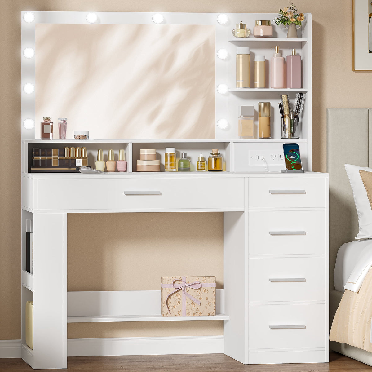 Hzuaneri Makeup Vanity Desk, 43"W Vanity Table with 3-Color LED Mirror & Power Outlet, 5 Drawers & 3 Open Shelves, Makeup Desk for Girls Bedroom, White