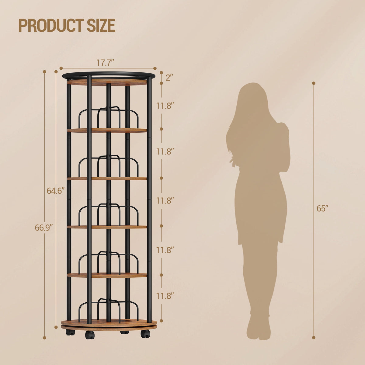 Rotating Bookshelf, 360° Spinning Bookshelf Tower, Display Revolving Bookcase, Round Book Shelf, Narrow Swivel Bookshelves for Small Space, Bedroom, Living Room, 6-Tier Rustic Brown