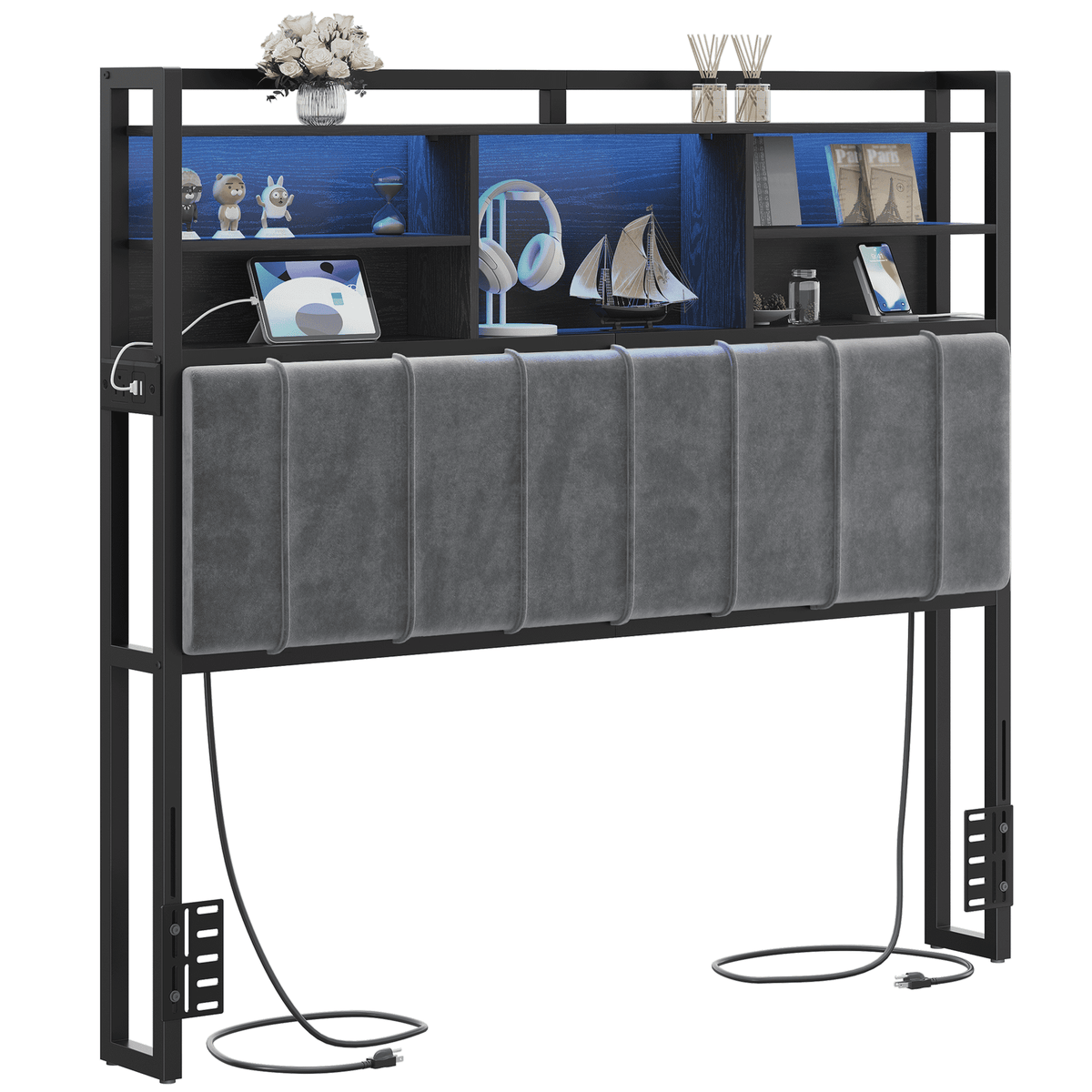Full Size Headboard with 3-Tier Storage Shelves, Upholstered Headboards 2 Outlets, USB Ports & LED Light, Sturdy and Stable Headboard, White and Gold