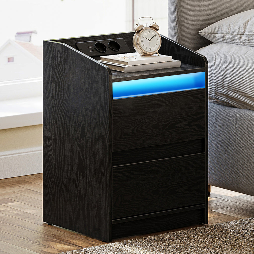 Hzuaneri Bedside Table with LED Lights & Charging Station, 2 Drawers, USB Ports and Power Outlets, Black