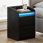 Hzuaneri Bedside Table with LED Lights & Charging Station, 2 Drawers, USB Ports and Power Outlets, Black