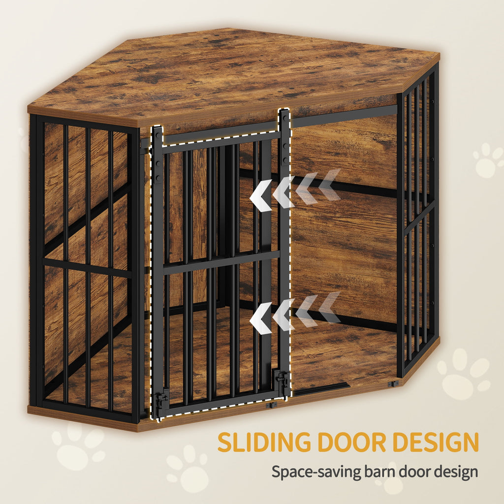 Hzuaneri Corner Dog Crate Furniture, Wooden Dog Kennel with Barn Door, Decorative Pet Cage as TV Stand, Indoor Heavy Duty Dog Kennel for Small Medium Dogs, Rustic Brown