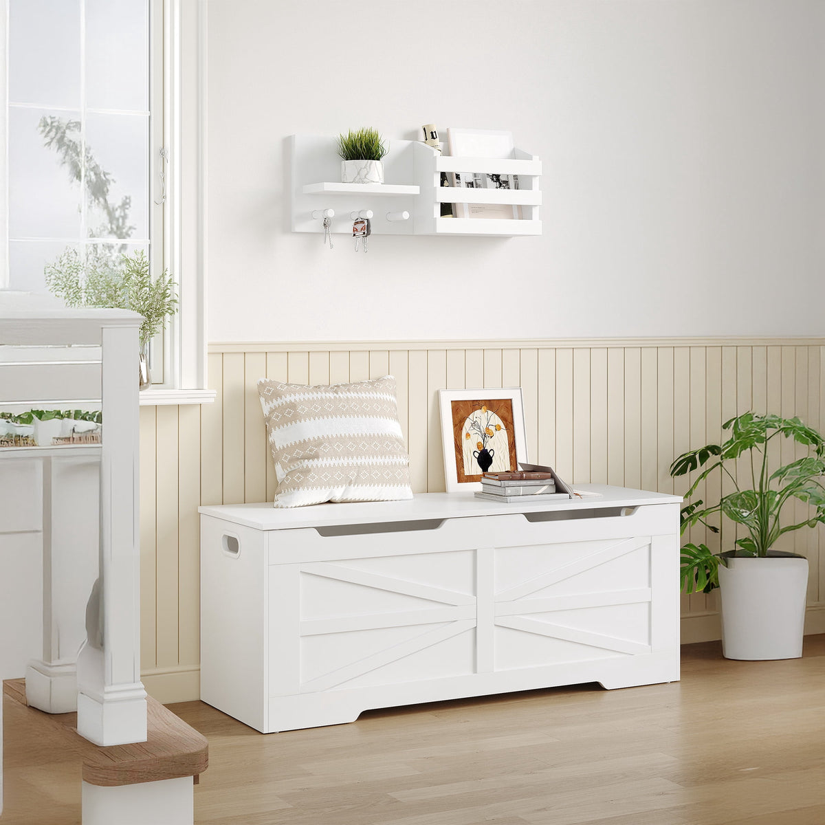 47.2" Storage Chest, Wooden Lift-Top Bench Trunk with 2 Hinges, Shoe Bench Organizer, White