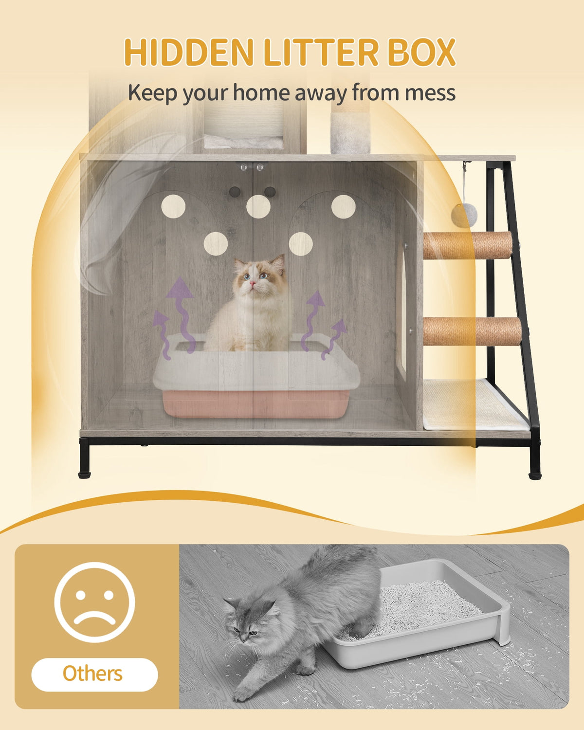 4-in-1 Cat Litter Box Enclosure Cat Tree, Platform, Scratcher, Stairs,Greige with Platform, Scratching Posts, Washable Removable Cushion, Greige