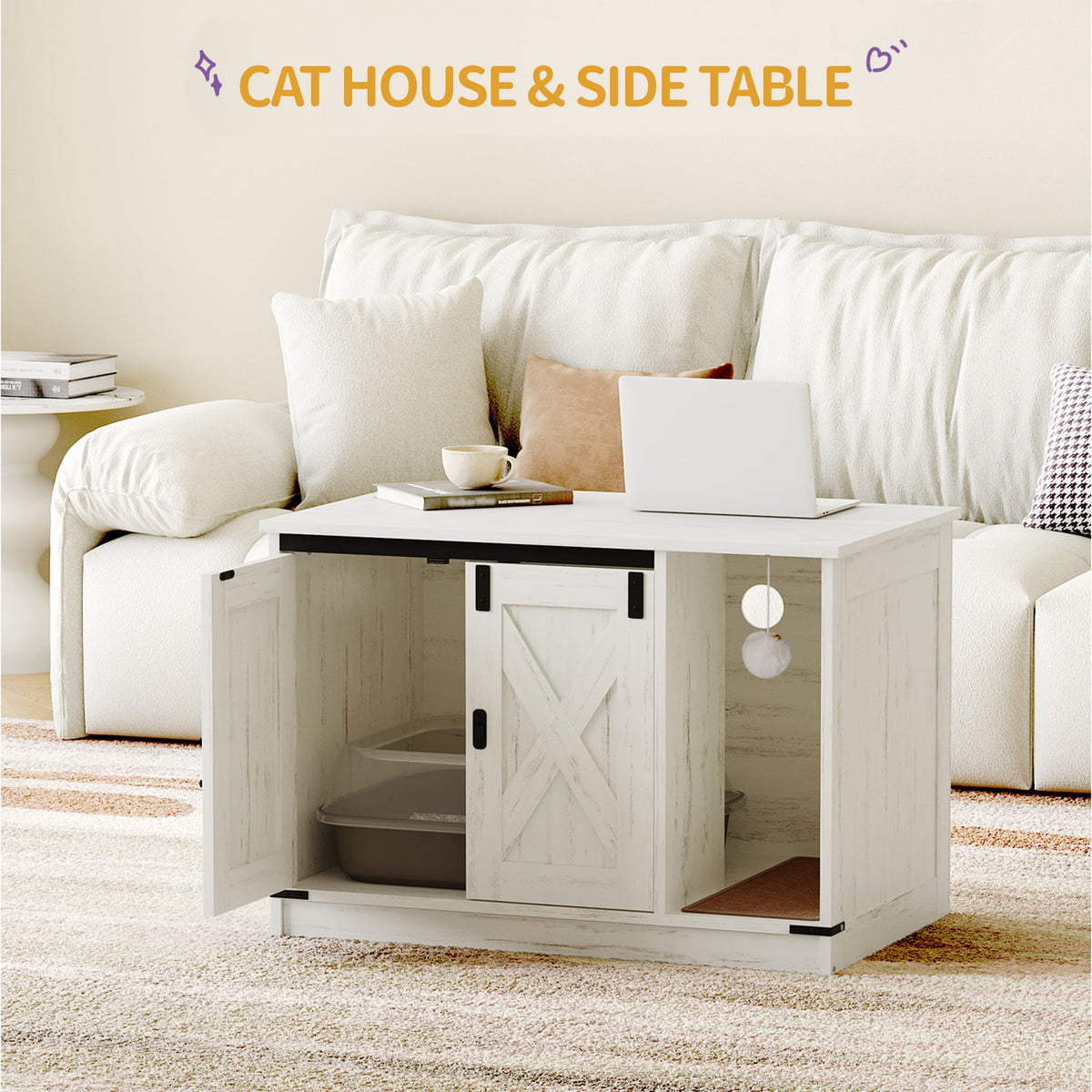 Hzuaneri 31.5" Cat Litter Box Enclosure, Hidden Cabinet Furniture with Bell for Indoor Cat, Farmhouse Style, White