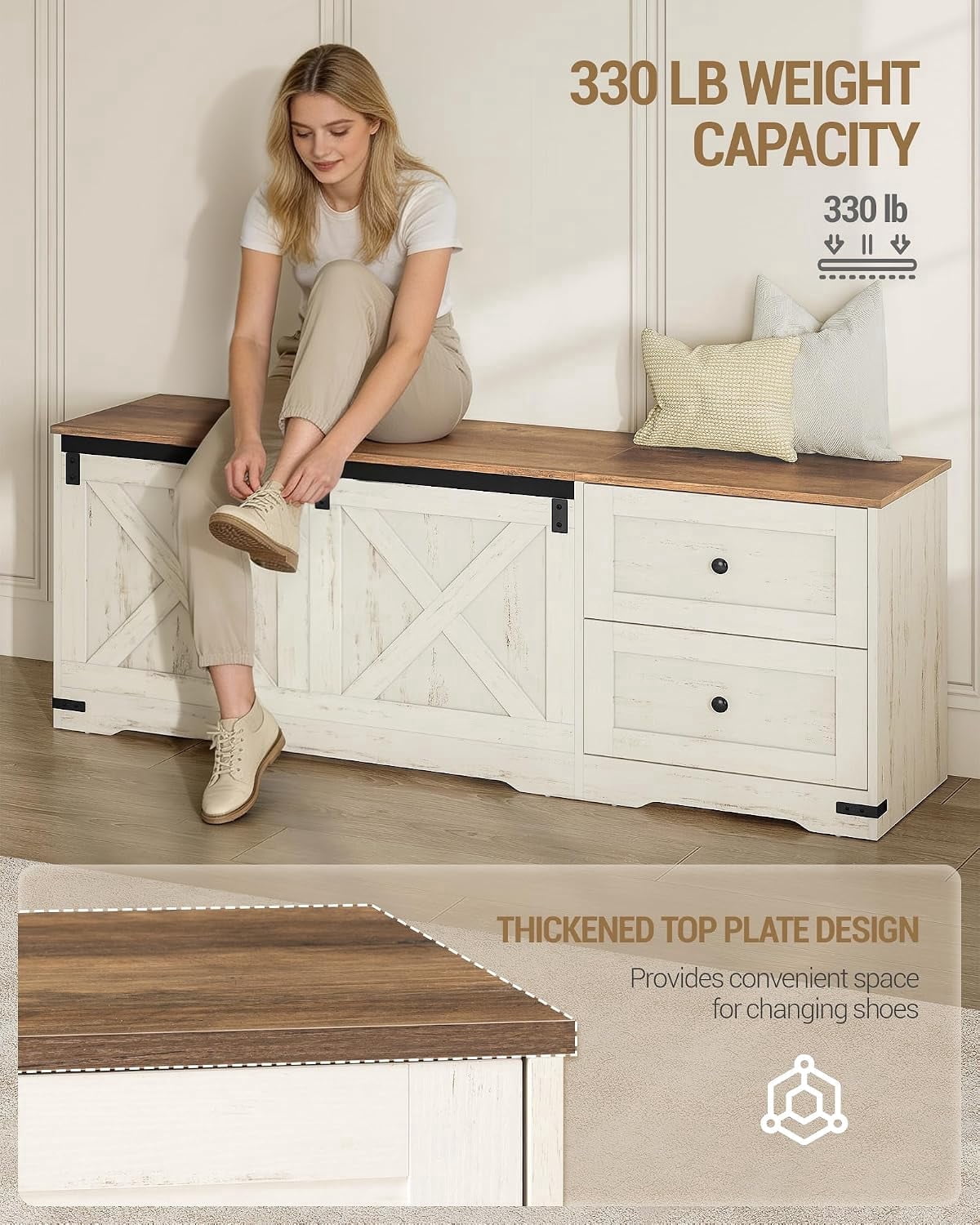 Storage Bench 58" with Double Drawers, Farmhouse Storage Trunk for Entryway and Bedroom, Antique White