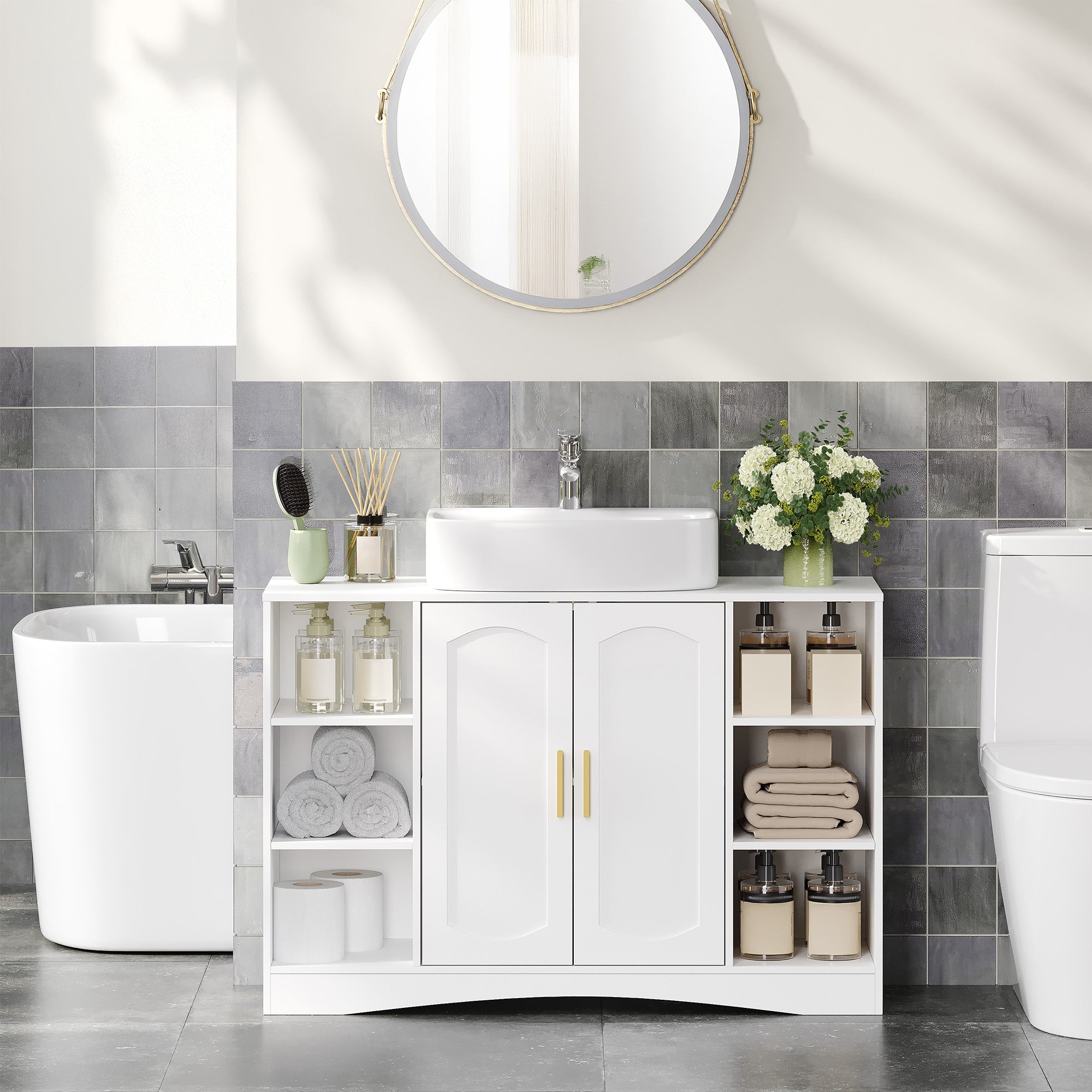 HEXCELEN Vanity Unit, Bathroom Cabinet, 30 × 90 × 61.2 cm, Vanity Unit with 2 Doors, 6 Open Shelves, Bathroom Cabinet, Adjustable Shelf, Ample Storage Space, White 506103X