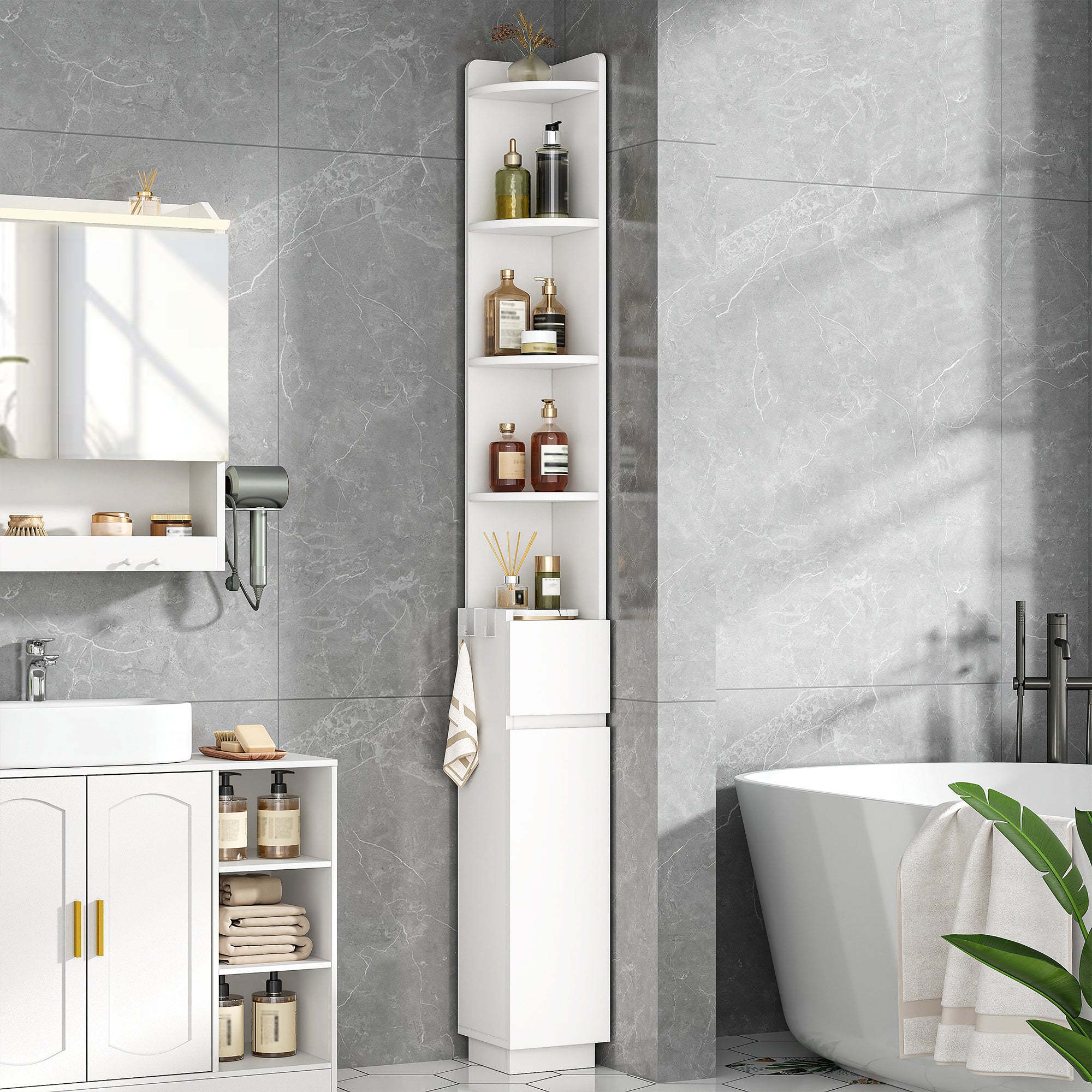 HEXCELEN Bathroom Cabinet, Corner Cabinet, Bathroom Cabinet, Toilet Cabinet, 20 x 20 x 185.6 cm, Narrow Bathroom Shelf with Adjustable Shelf, 1 Drawer and 4 Open Compartments, White 5120103X
