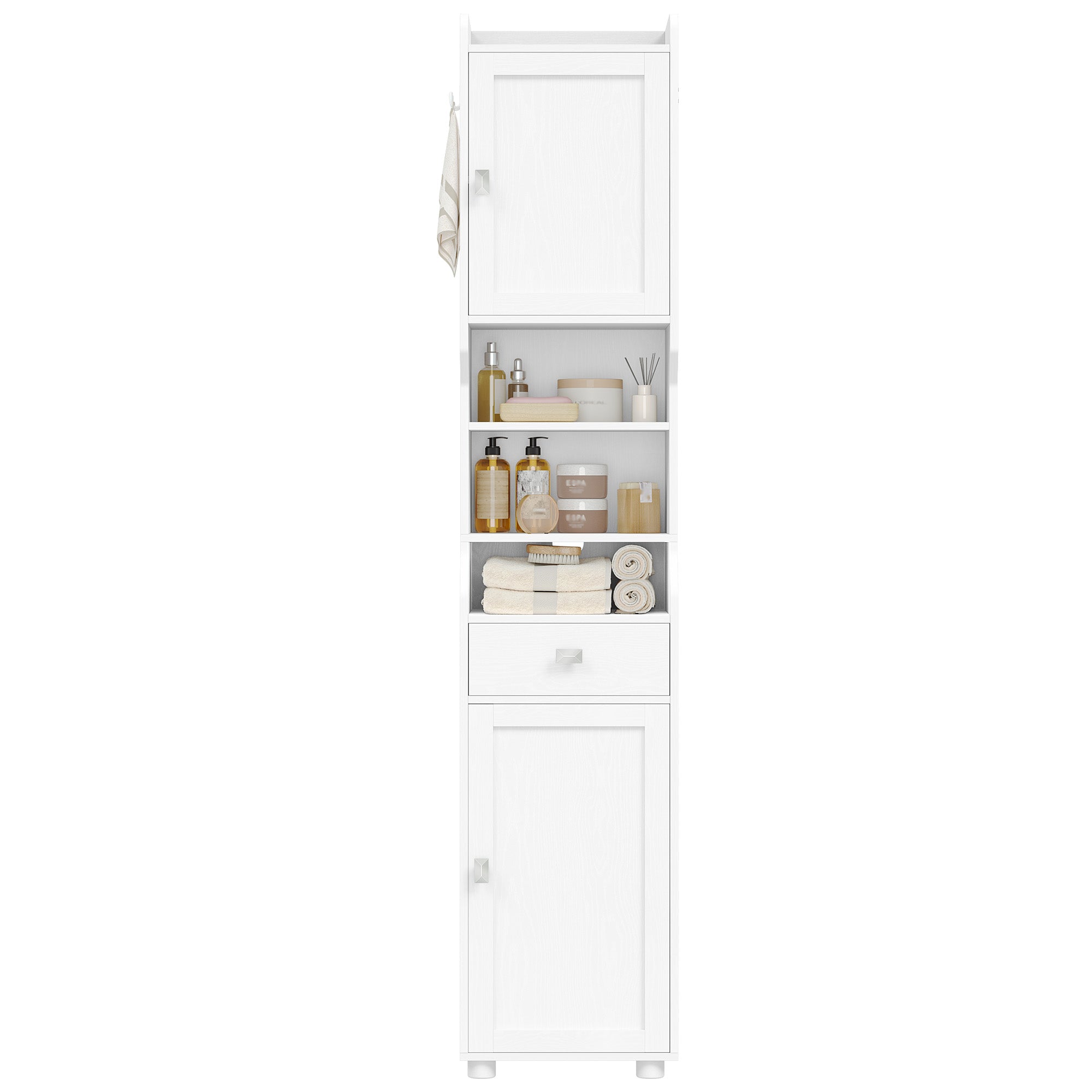 HEXCELEN Bathroom Cabinet, Bathroom Cabinet, Narrow High, Tall Bathroom Cabinet with 2 Doors and 1 Drawer, Adjustable Shelves, Open Compartment, Space-Saving Bathroom Shelf, 28 x 38 x 180 cm, White, 5240013X