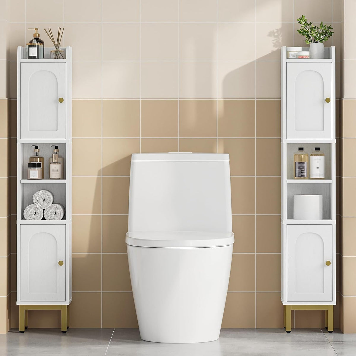 Bathroom Storage Cabinet, Narrow Bathroom Cabinet for Small Spaces with 2 Doors, 4 Adjustable Feet, Slim Freestanding Design, White