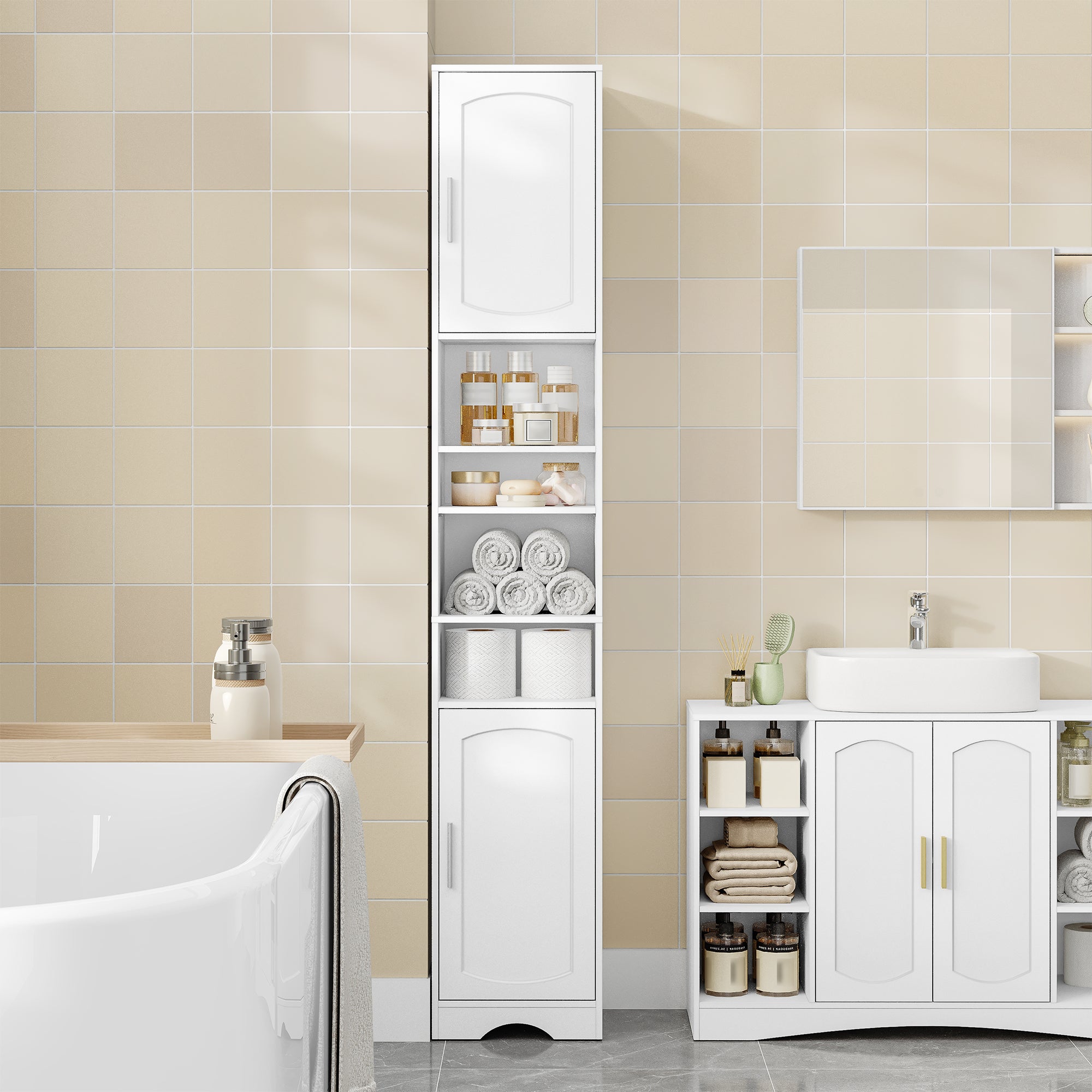 HEXCELEN Bathroom Cabinet, Bathroom Cabinet, Narrow High, Tall Bathroom Cabinet with Open Compartment and Door, Adjustable Shelves, Space-Saving Bathroom Shelf, Bathroom Furniture, Modern, 30 x 30 x 180 cm, White, 530103X