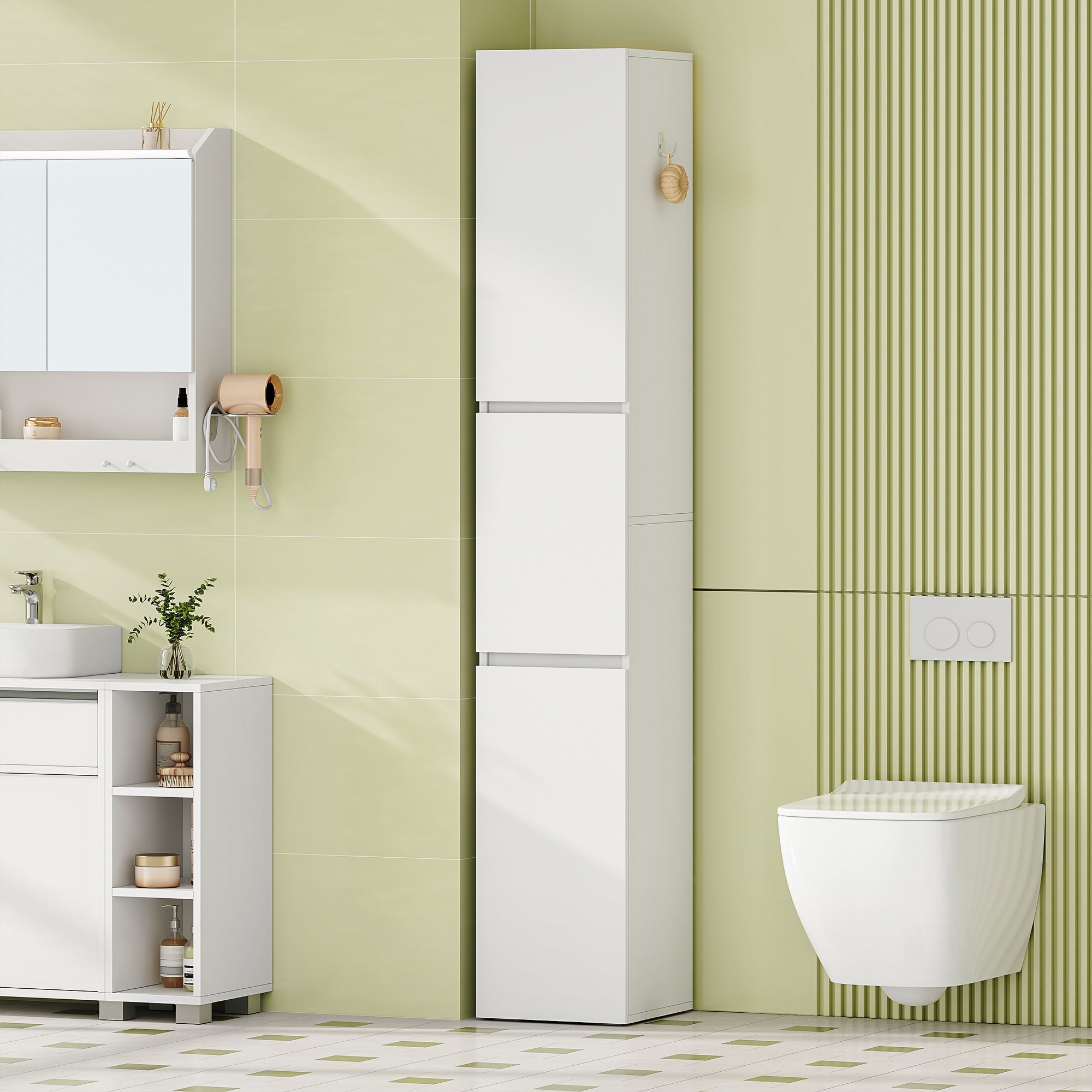 HEXCELEN Bathroom Cabinet, 180 cm Tall Slim Bathroom Cabinet, Bathroom Furniture, Storage Cabinet with Adjustable Shelf, 3 Cabinet Doors, Non-Slip Feet, for Small Spaces, White, 530203X