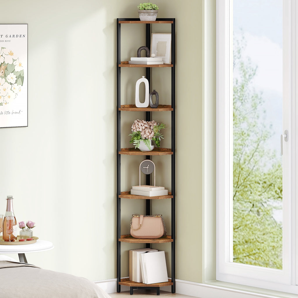 Hzuaneri Corner Shelf Stand, 7‑Tier Corner Bookshelf, Storage Standing Shelf for Living Room Bedroom Home Office, Rustic Brown