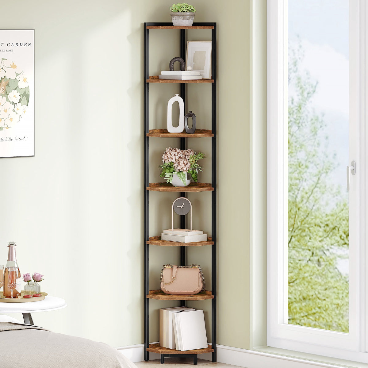 Hzuaneri Corner Shelf Stand, 7‑Tier Corner Bookshelf, Storage Standing Shelf for Living Room Bedroom Home Office, Rustic Brown