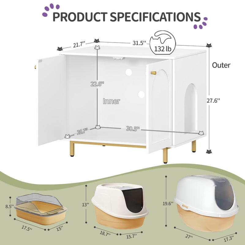 Hzuaneri Hidden Cat Litter Box Enclosure, 31.5" Wooden Indoor Cat House, Litter Box Furniture Cabinet for Self-Cleaning Litter Boxes, White Gold
