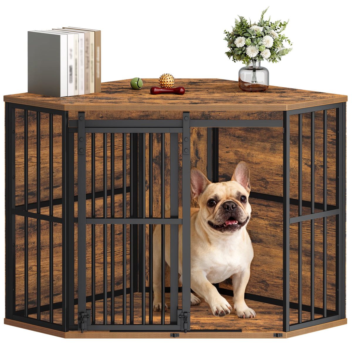 Hzuaneri Corner Dog Crate Furniture, Wooden Dog Kennel with Barn Door, Decorative Pet Cage as TV Stand, Indoor Heavy Duty Dog Kennel for Small Medium Dogs, Rustic Brown