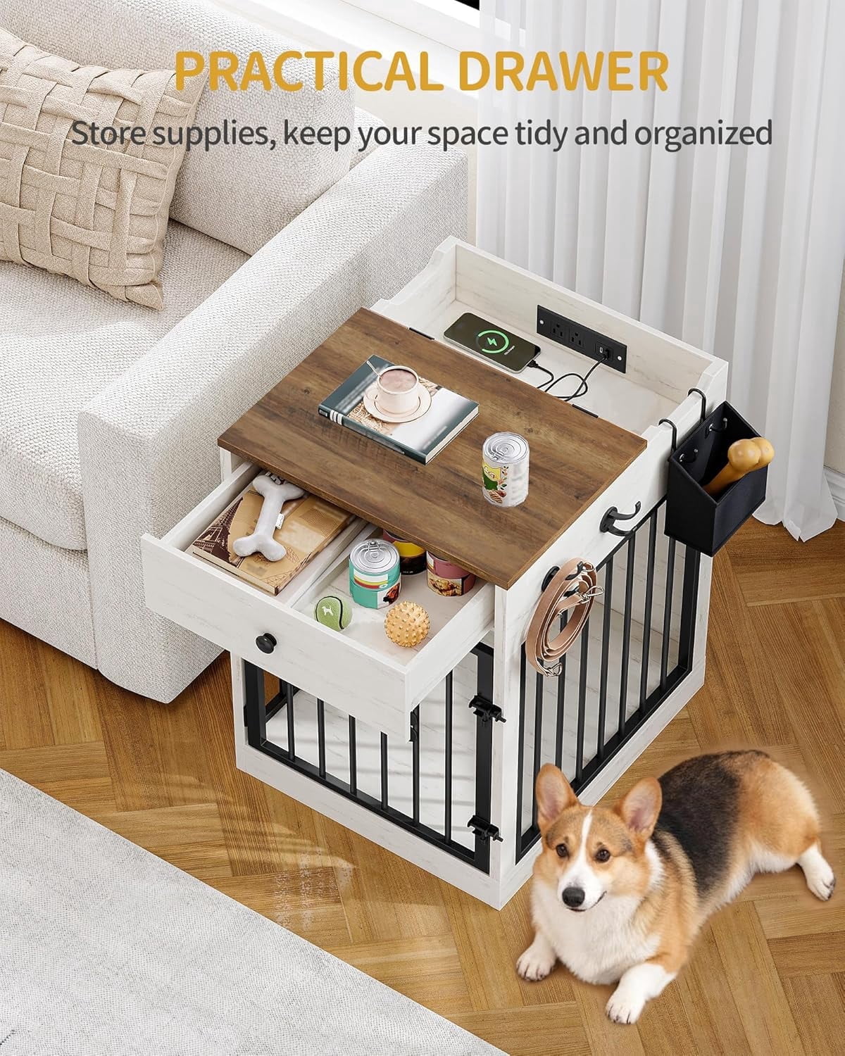 24.6" Wooden Dog Crate Furniture with charging station,small dogs,White Brown