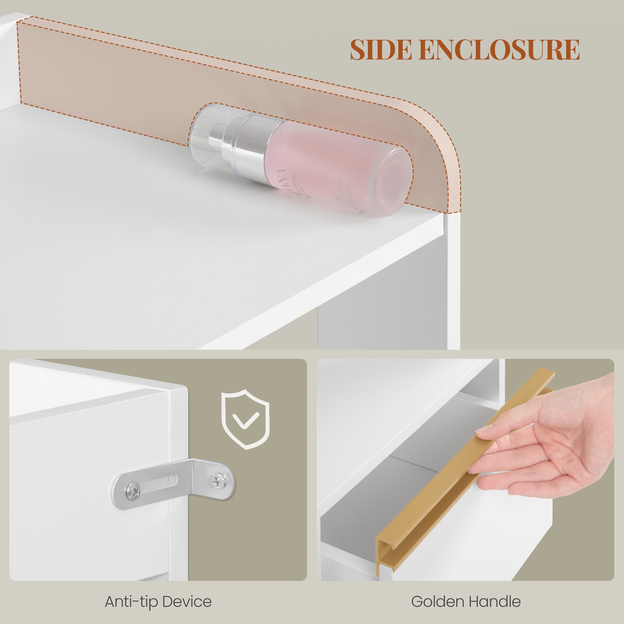 HEXCELEN Bathroom Cabinet, Kitchen Cabinet, Storage Cabinet with 4 Drawers and Open Shelf, Bathroom Cabinet High, Adjustable Shelf, for Bathroom, Living Room, White Gold, 30 x 60 x 110 cm, 560103X