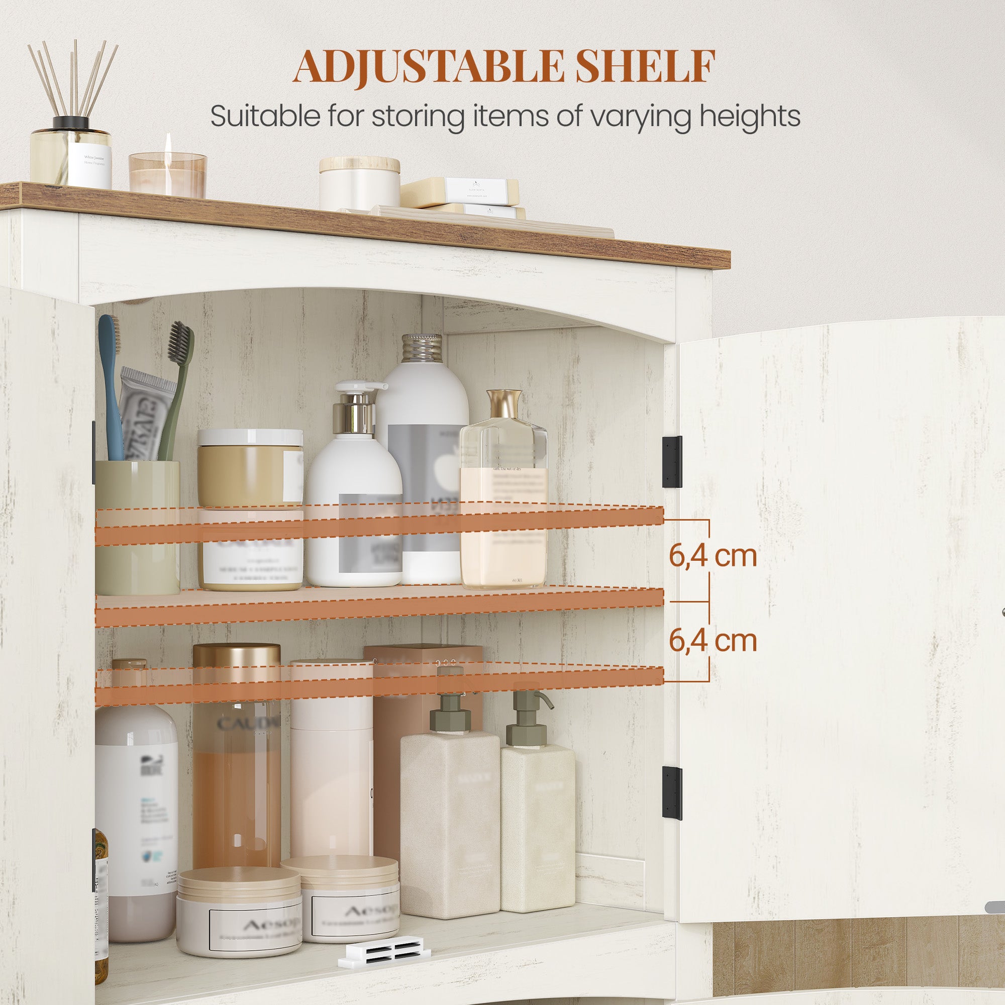 HEXCELEN Country Style Bathroom Cabinet with 4 Doors, Adjustable Shelves, Freestanding Cabinet, Vintage Bruin White, 30 x 60 x 110 cm, 560214X