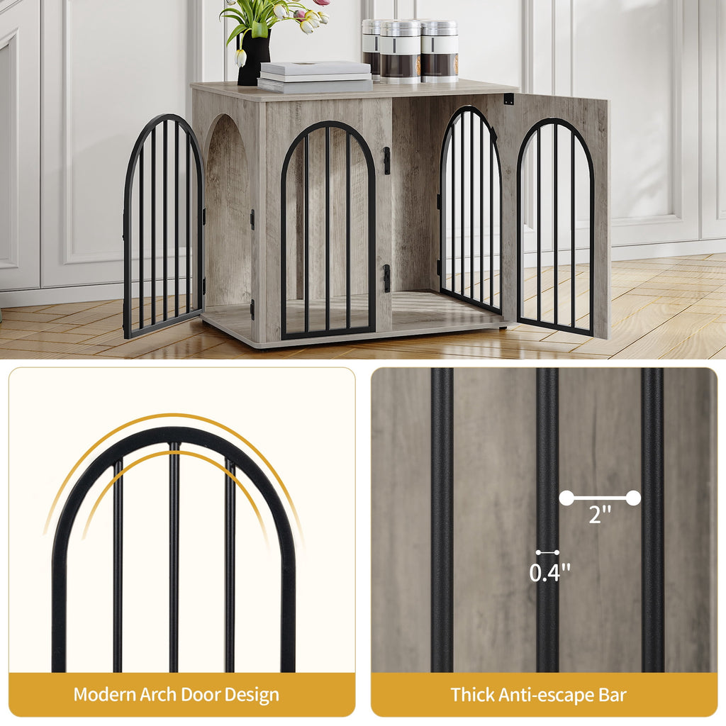 Hzuaneri 26.8" Dog Crate Furniture, Wooden Dog Kennel with Cushion, Indoor Dog Cage for Small Dogs, Decorative Pet House Side End Table, Chew-Resistant, Greige