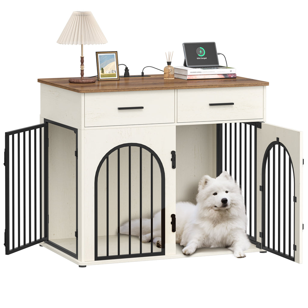 Hzuaneri 43.3'' Dog Crate Furniture for Large Dog, Indoor Dog Kennel with 2 Storage Drawers, Charging Station, Wooden Dog Cage End Table Kennel, White Brown