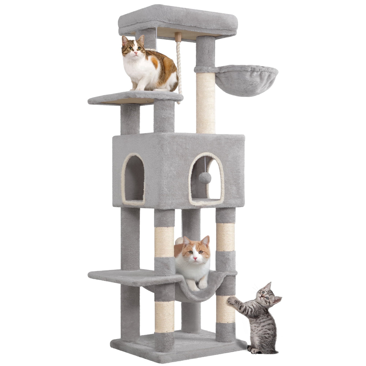 Cat Tree, 58.7‑Inch Tall Multi‑Level Cat Tower for Indoor Cats with Scratching Posts, Hammock and Cat Cave, Light Gray