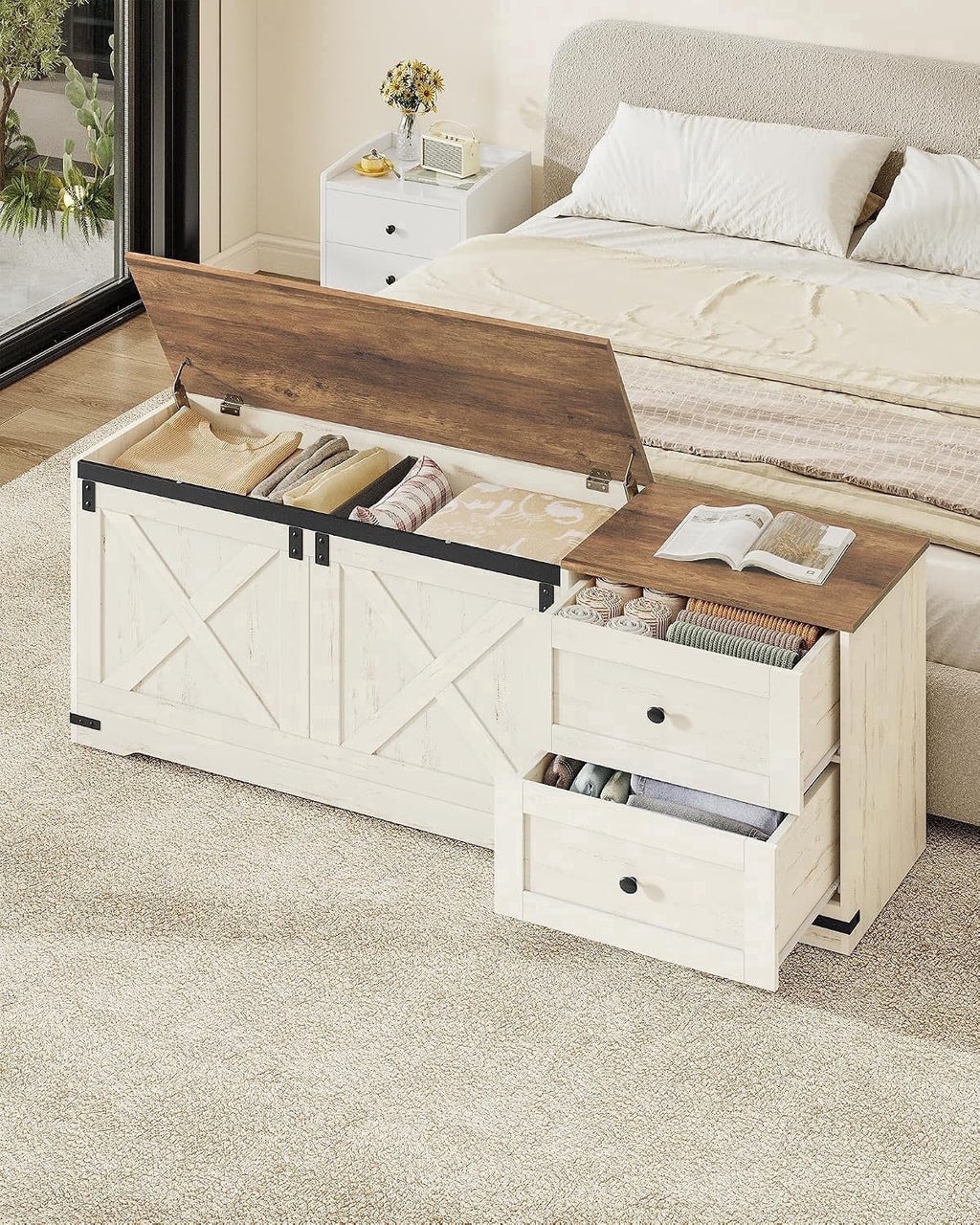 Storage Bench 58" with Double Drawers, Farmhouse Storage Trunk for Entryway and Bedroom, Antique White