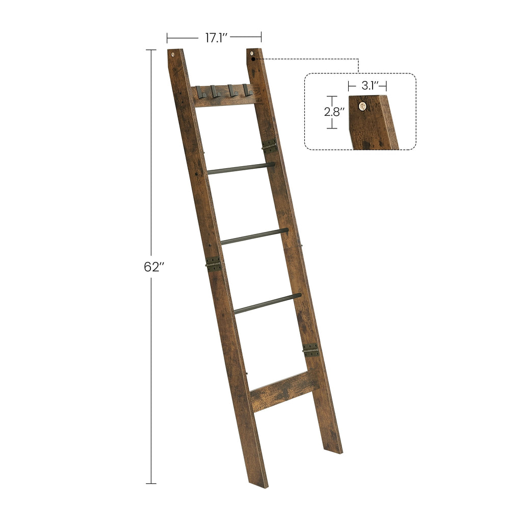 Hzuaneri Blanket Ladder for Living Room, 5-Tier Farmhouse Ladder Holder with 4 Hooks, 5ft 3 inch Rustic Decorative Farmhouse Blanket Holder Rack Easy Assembly - Rustic Brown