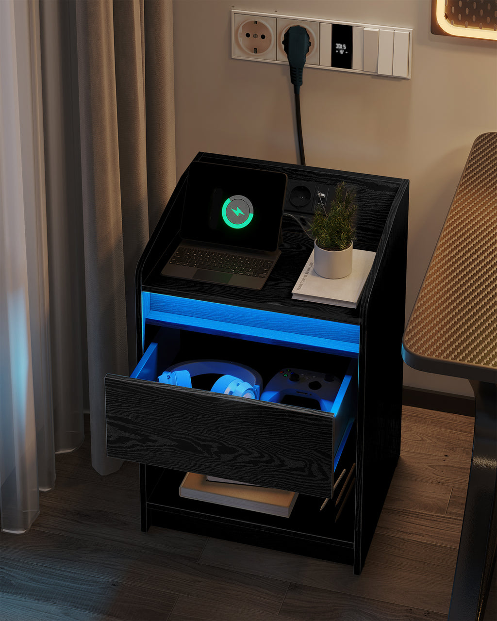 Hzuaneri Bedside Table with LED Light & Charging Station, 2 USB Ports & Outlets, Storage Drawer