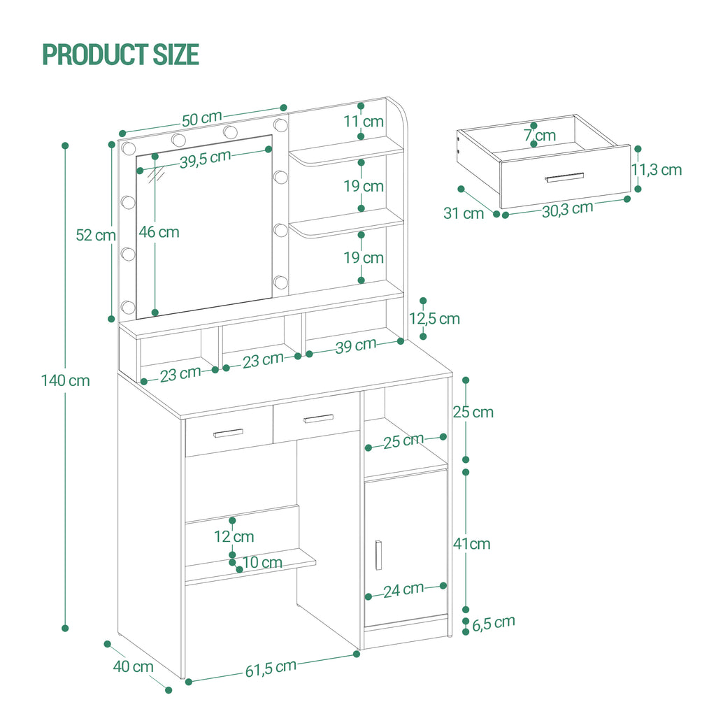 Hzuaneri Dressing Table with LED Lights Mirror, Adjustable Brightness, 2 Drawers & Cabinet, White