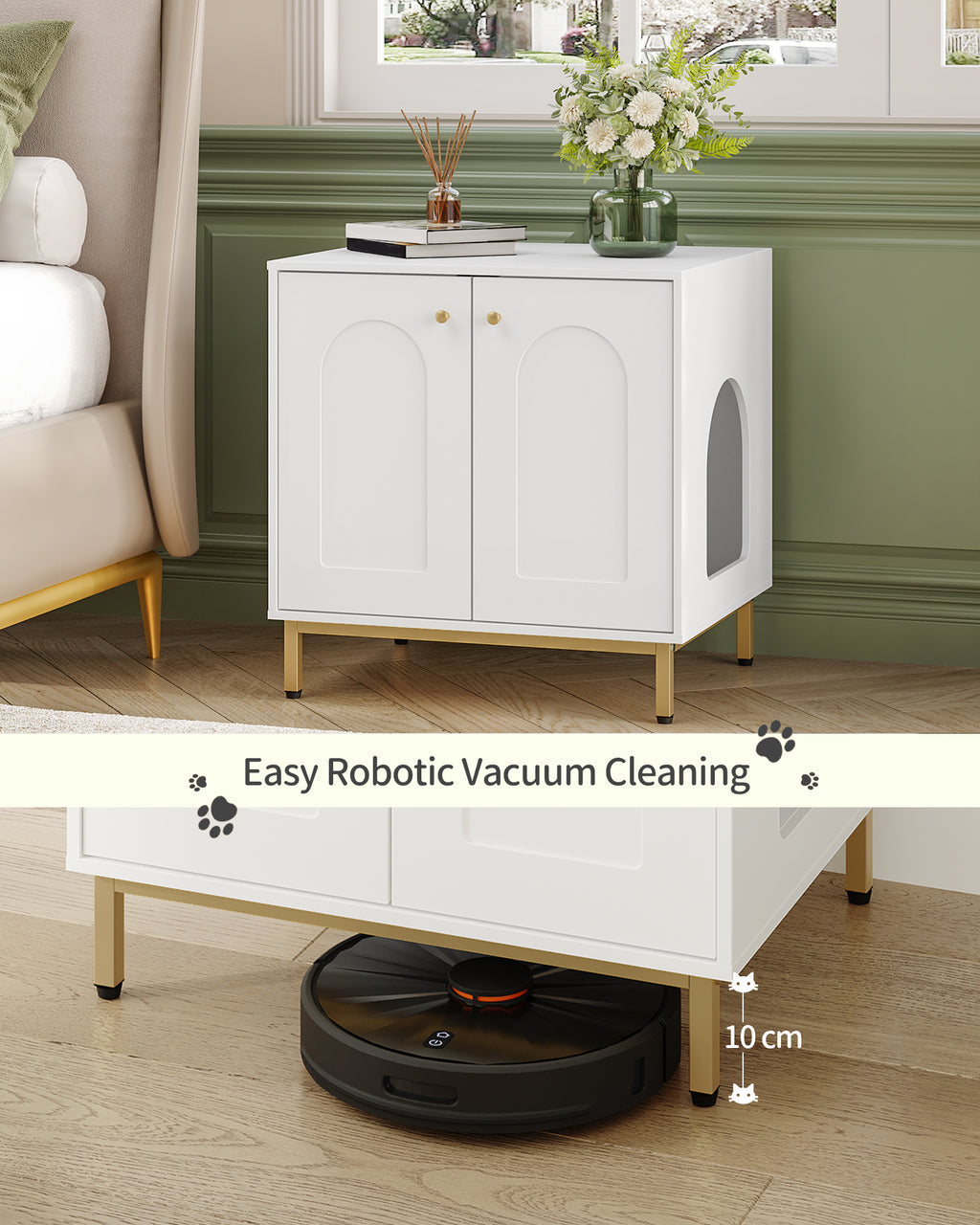 Hzuaneri Cat Cabinet, Cat Litter Box, Cat Toilet Cabinet, Cat House with Door, Wooden Side Table for Pet House White and Gold