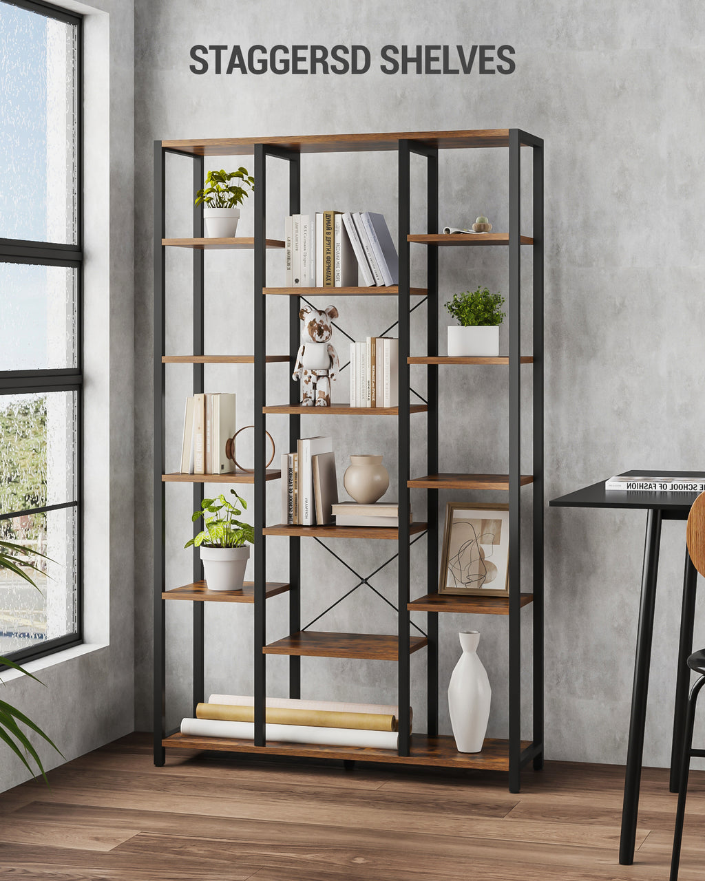 Hzuaneri  6-Level Bookshelf with 15 Adjustable Shelves, Vintage Brown-Black, 30 x 100 x 170 cm