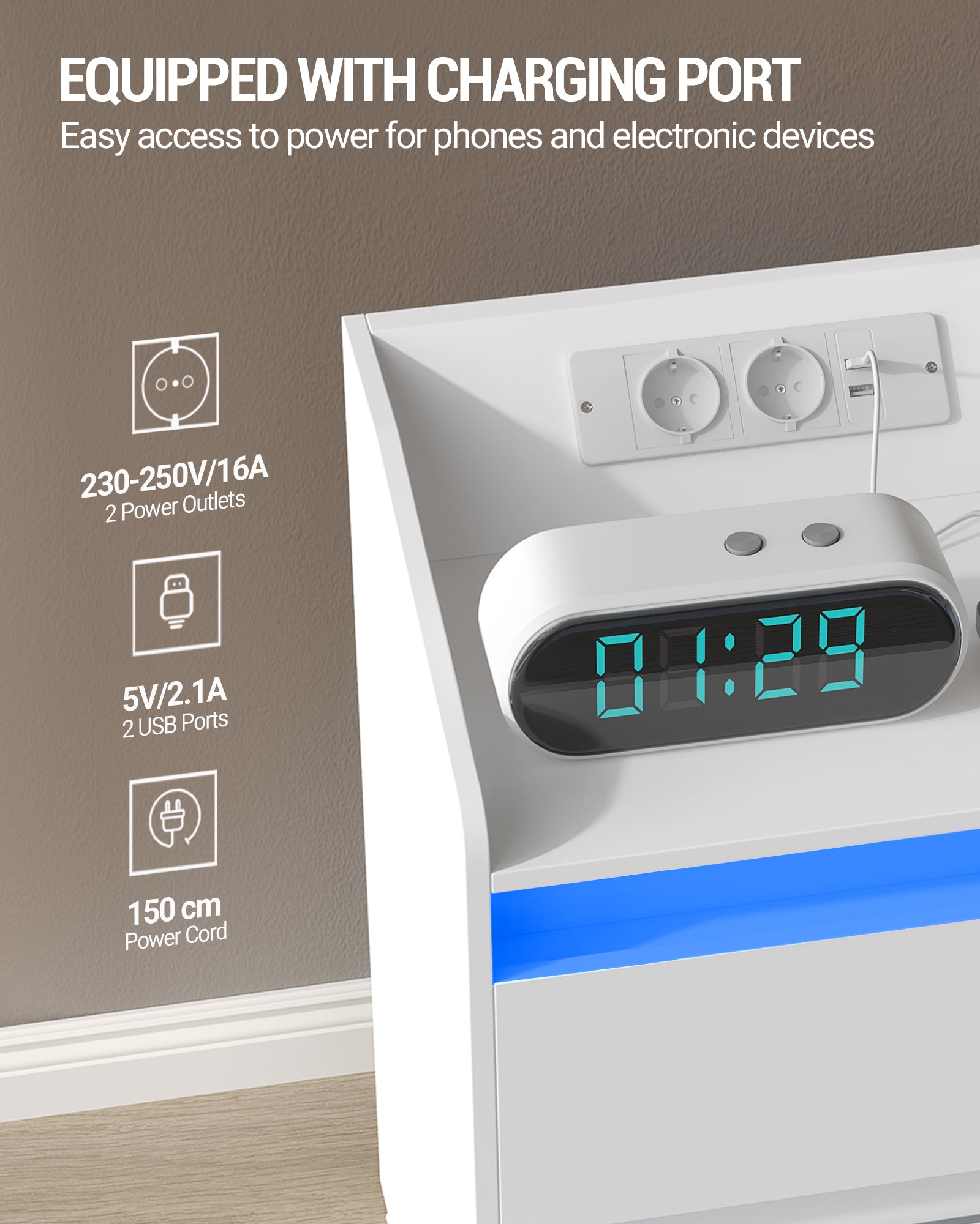 Hzuaneri Bedside Table with LED Light & Charging Station, 2 USB Ports & Outlets, Storage Drawer