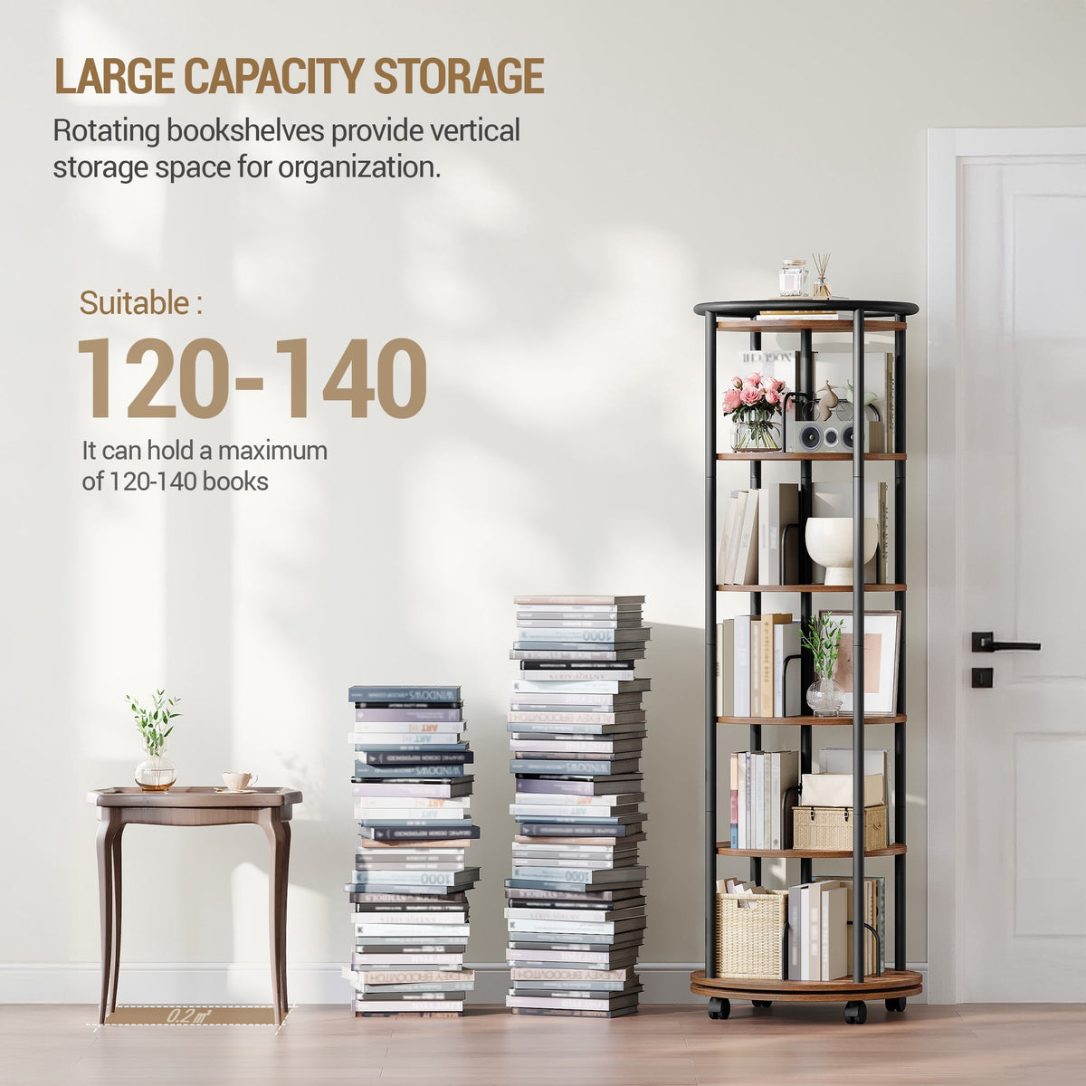 Rotating Bookshelf, 360° Spinning Bookshelf Tower, Display Revolving Bookcase, Round Book Shelf, Narrow Swivel Bookshelves for Small Space, Bedroom, Living Room, 6-Tier Rustic Brown