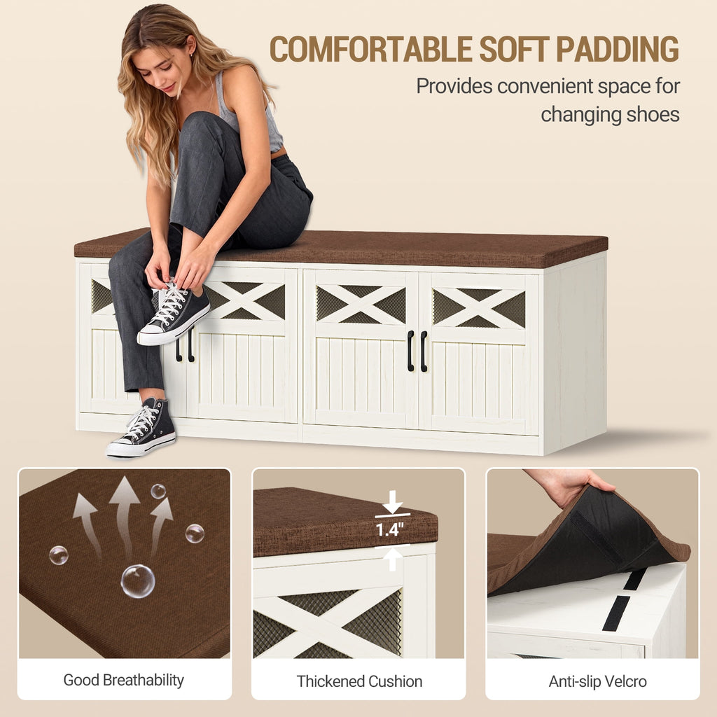 Hzuaneri 47.2" 2-Tier Shoe Storage Bench with Cushion and Doors for Entryway, Bedroom, Shoe Rack Bench with Adjustable Shelf, Rustic White