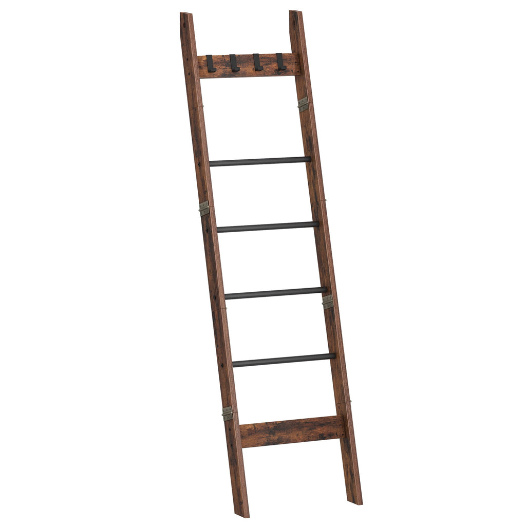 Hzuaneri 6-Tier Blanket Ladder with Hooks, 5.6Ft Wall Leaning Blanket Ladder, 4 Removable Hooks for Living Room, Bedroom Bathroom, Decorative Quilt Rack Easy to Assemble, Rustic Brown