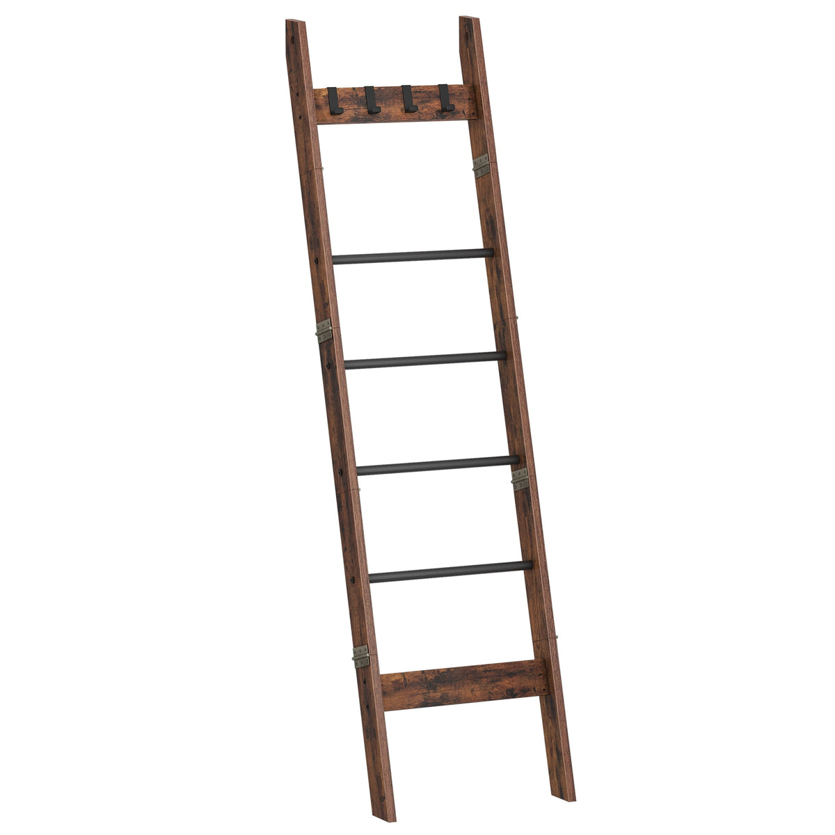 Hzuaneri 6-Tier Blanket Ladder with Hooks, 5.6Ft Wall Leaning Blanket Ladder, 4 Removable Hooks for Living Room, Bedroom Bathroom, Decorative Quilt Rack Easy to Assemble, Rustic Brown