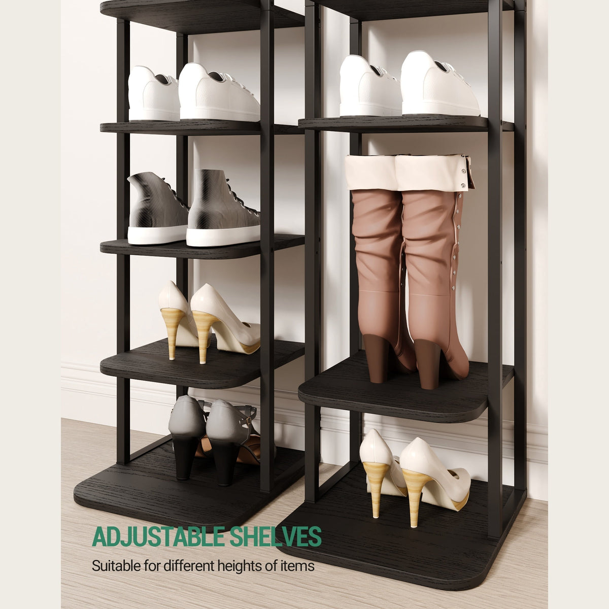 Hzuaneri Vertical Shoe Rack, 8-Tier Narrow Shoe Shelf, Shoe Tower with 2 Hooks, for Small Space, Closet, Entryway, Hallway, Bedroom, Black