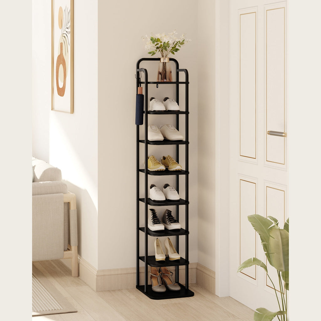 Hzuaneri Vertical Shoe Rack, 8-Tier Narrow Shoe Shelf, Shoe Tower with 2 Hooks, for Small Space, Closet, Entryway, Hallway, Bedroom, Black