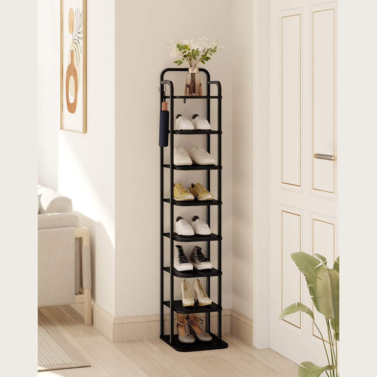 Hzuaneri Vertical Shoe Rack, 8-Tier Narrow Shoe Shelf, Shoe Tower with 2 Hooks, for Small Space, Closet, Entryway, Hallway, Bedroom, Black