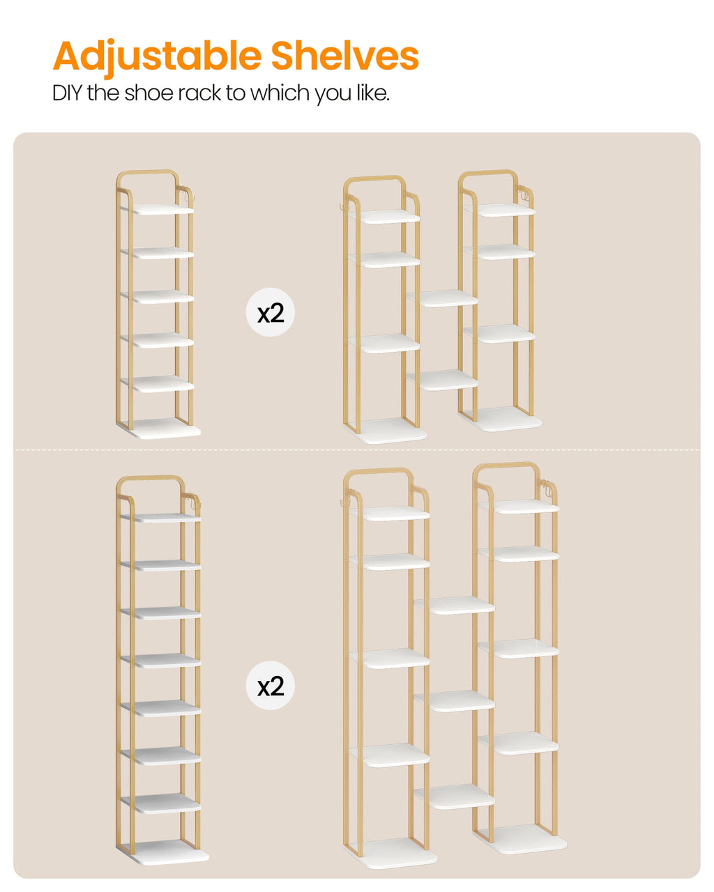 Hzuaneri Shoe Rack, 39.8" H Freestanding Vertical 6‑Tier Adjustable Storage Organizer, Space‑Saving Footwear Storage for Small Spaces, White & Gold
