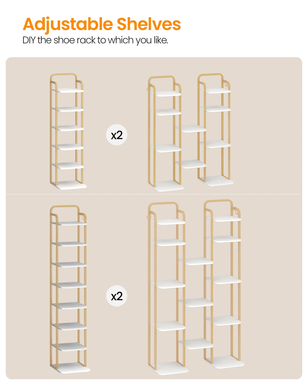 Hzuaneri Shoe Rack, 39.8" H Freestanding Vertical 6‑Tier Adjustable Storage Organizer, Space‑Saving Footwear Storage for Small Spaces, White & Gold