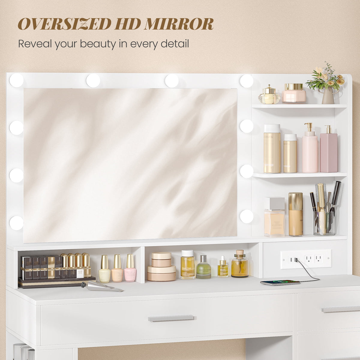 Hzuaneri Makeup Vanity Desk, 43"W Vanity Table with 3-Color LED Mirror & Power Outlet, 5 Drawers & 3 Open Shelves, Makeup Desk for Girls Bedroom, White