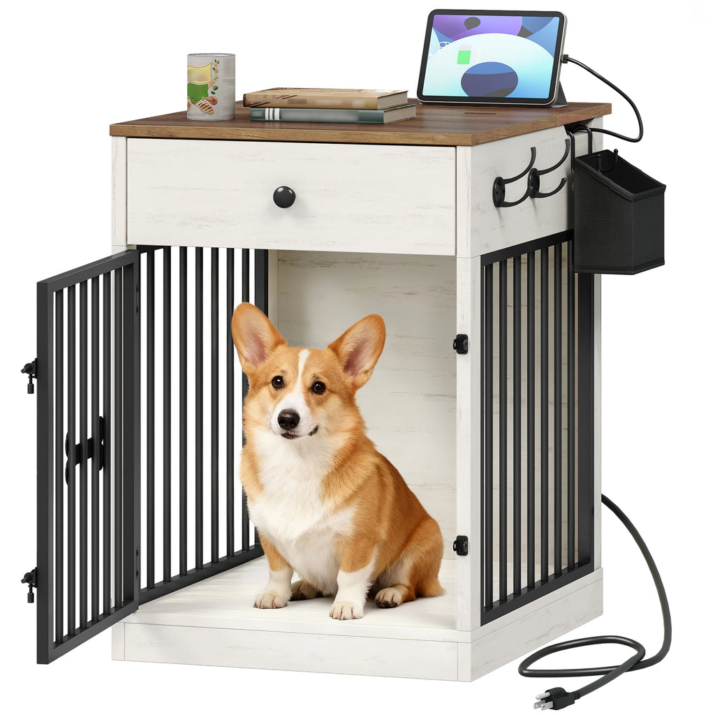 24.6" Wooden Dog Crate Furniture with charging station,small dogs,White Brown