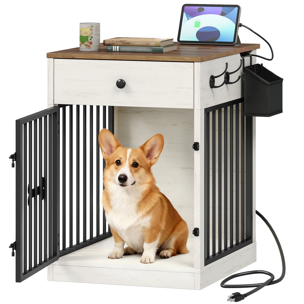 24.6" Wooden Dog Crate Furniture with charging station,small dogs,White Brown
