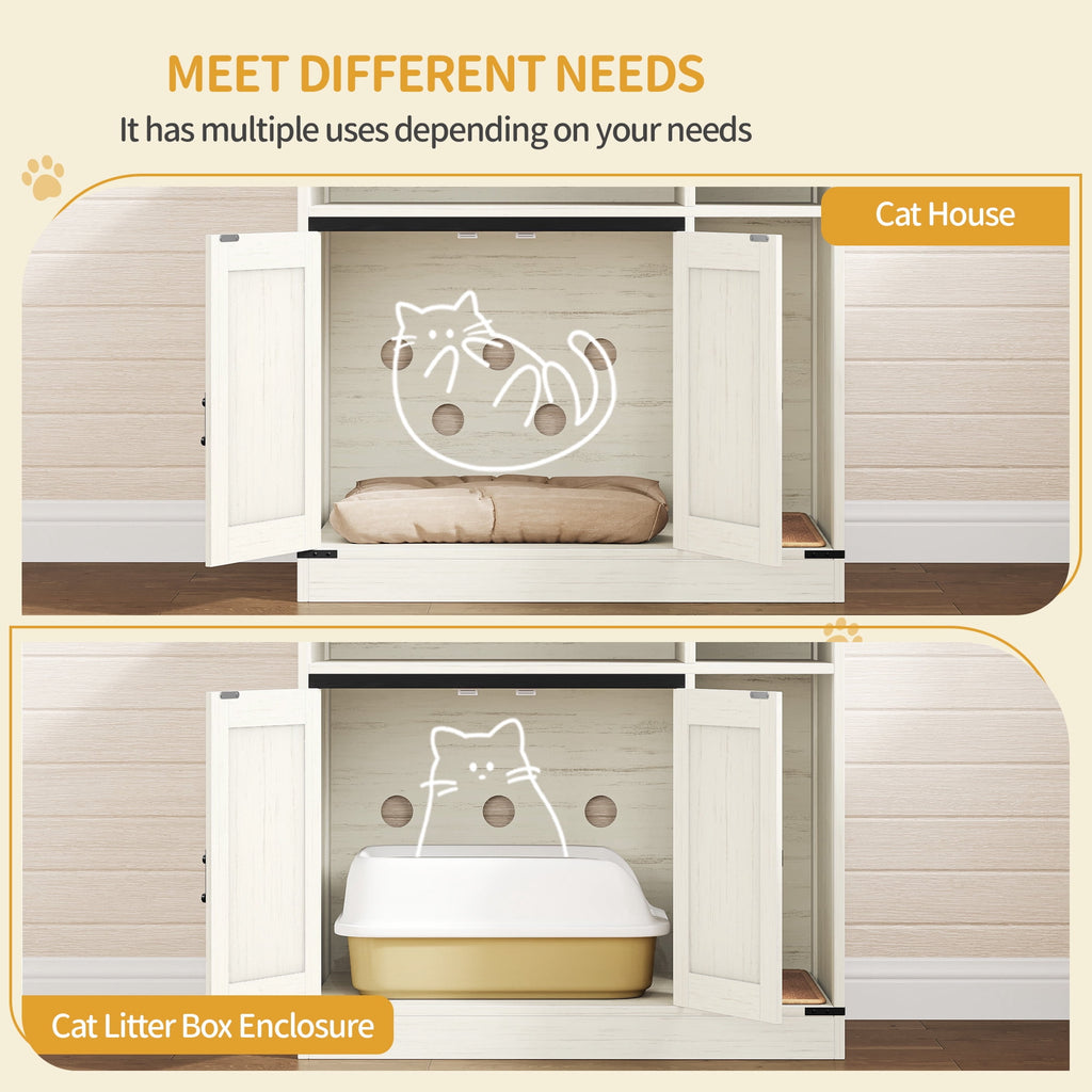 Hidden Cat Litter Box Enclosure with Storage, Wooden Cat Cabinet, TV Stand, Rustic Brown White