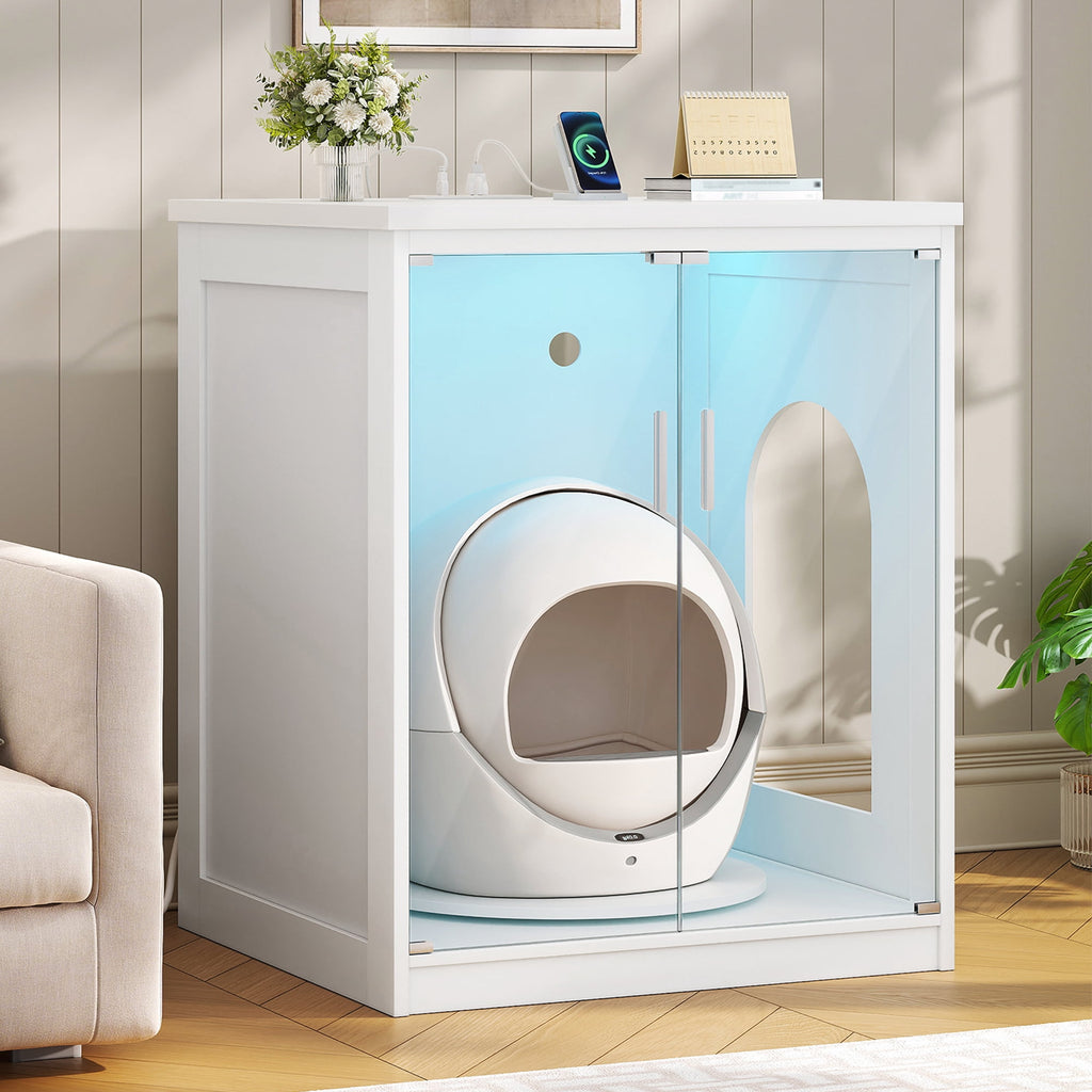 Hzuaneri Extra Large Cat Litter Box Enclosure, Self-Cleaning Hidden Cabinet with Glass Door and RGB Light, Modern,White
