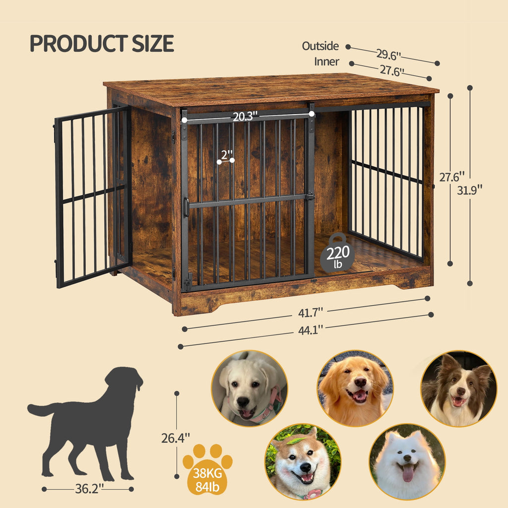 Hzuaneri 44 Inch Dog Crate Furniture, XL Indoor Dog Kennel for Large Dog with Barn Door, Heavy Duty Wooden Dog Cage as TV Stand & End Table, Rustic Brown