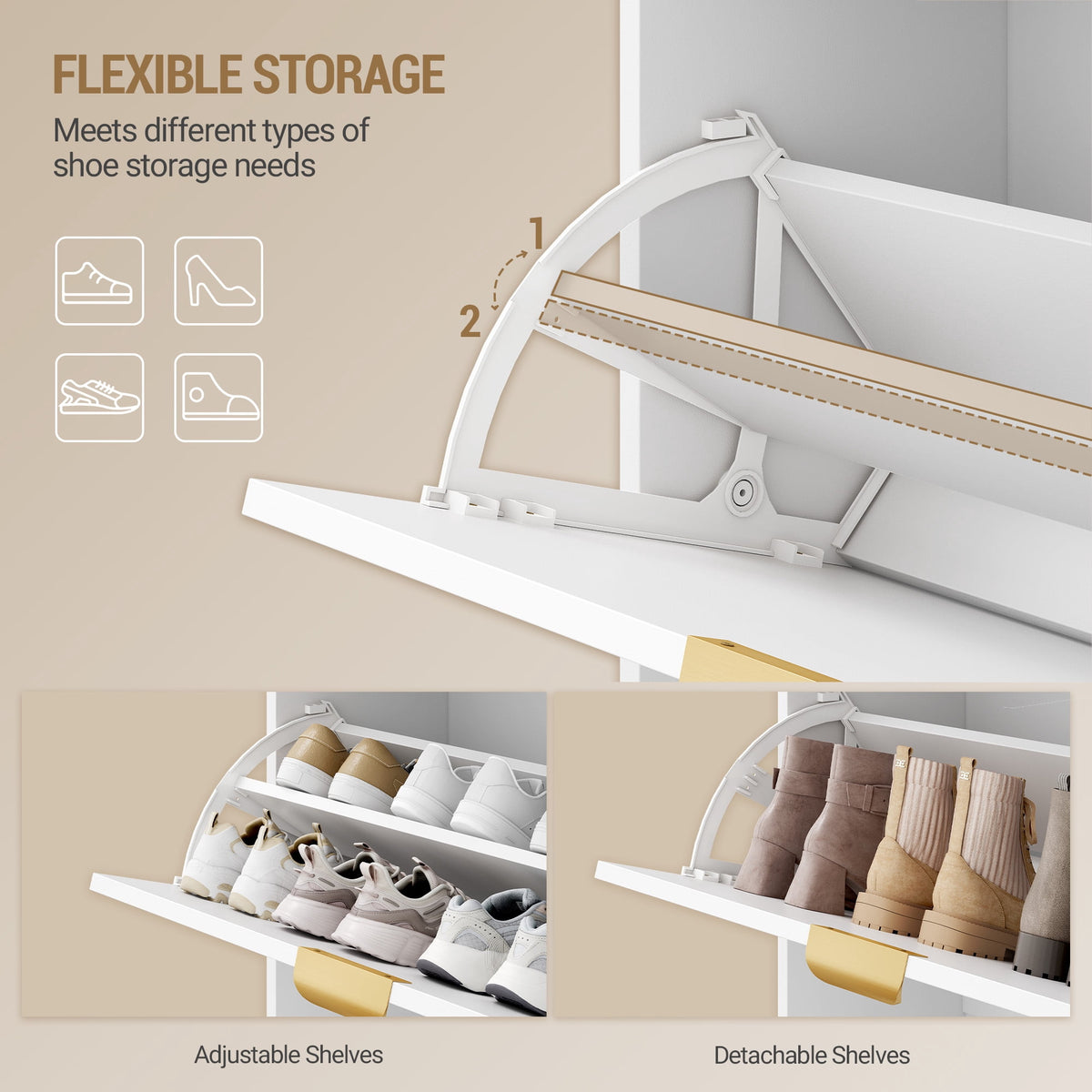 Hzuaneri 54.3" Tall Narrow Hidden Shoe Organizer, Freestanding Cabinet Featuring 3 Flip‑Top Drawers, Adjustable Shelves and Gold Handles, Stores 18‑24 Pairs, for Entryway, White