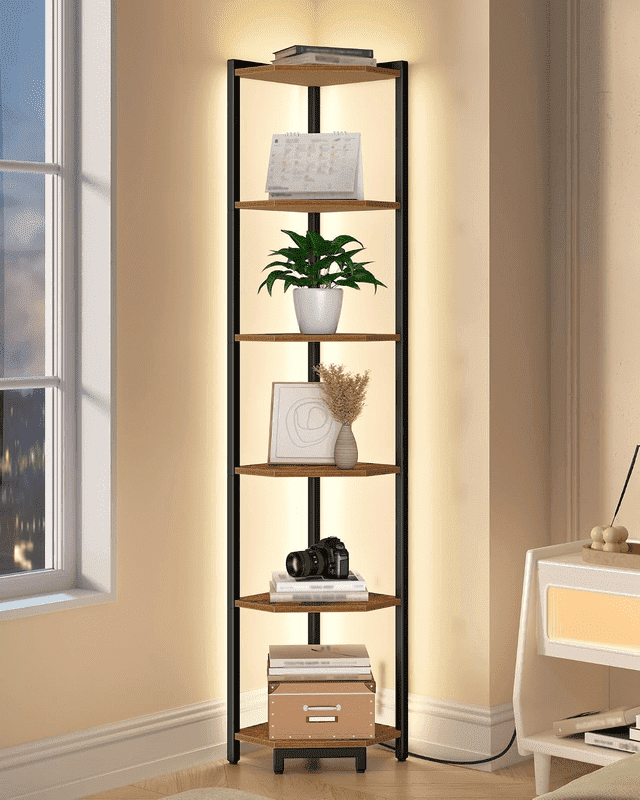 Corner Shelf 6-Tier with LED Light, Tall Narrow Bookshelf with Metal Frame for Small Spaces Living Room Home Office Bedroom, Rustic Brown